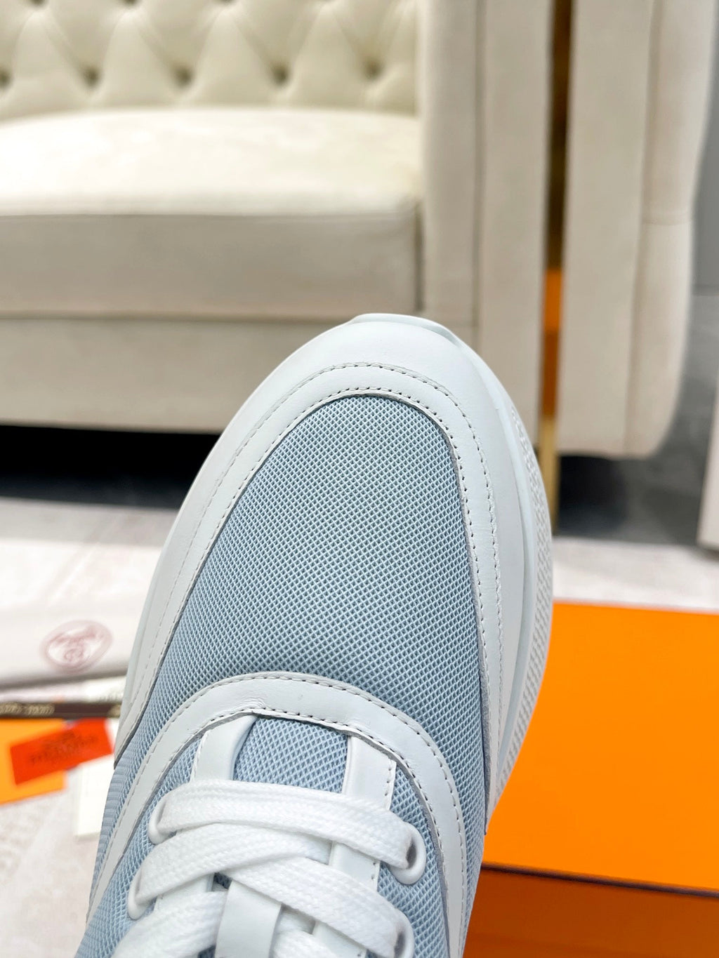 Hermes Giga Sneaker in Powder Blue Stitched Mesh and White Calfskin