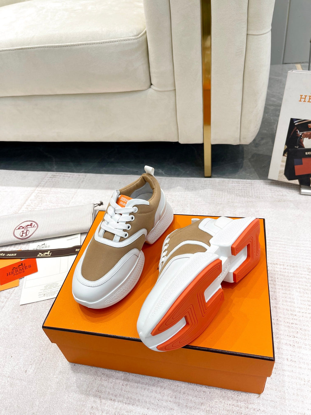 Hermes Giga Sneaker in Cider Brown Stitched Mesh and White Calfskin