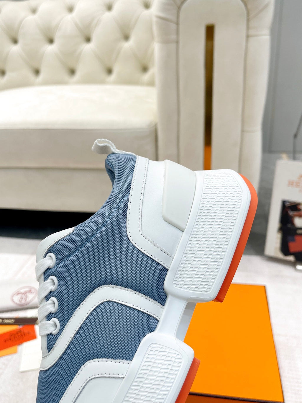 Hermes Giga Sneaker in Aegean Blue Stitched Mesh and White Calfskin