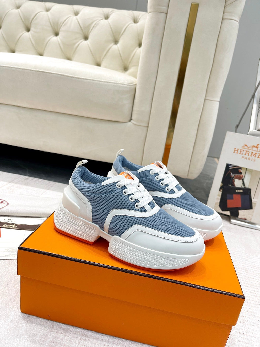 Hermes Giga Sneaker in Aegean Blue Stitched Mesh and White Calfskin