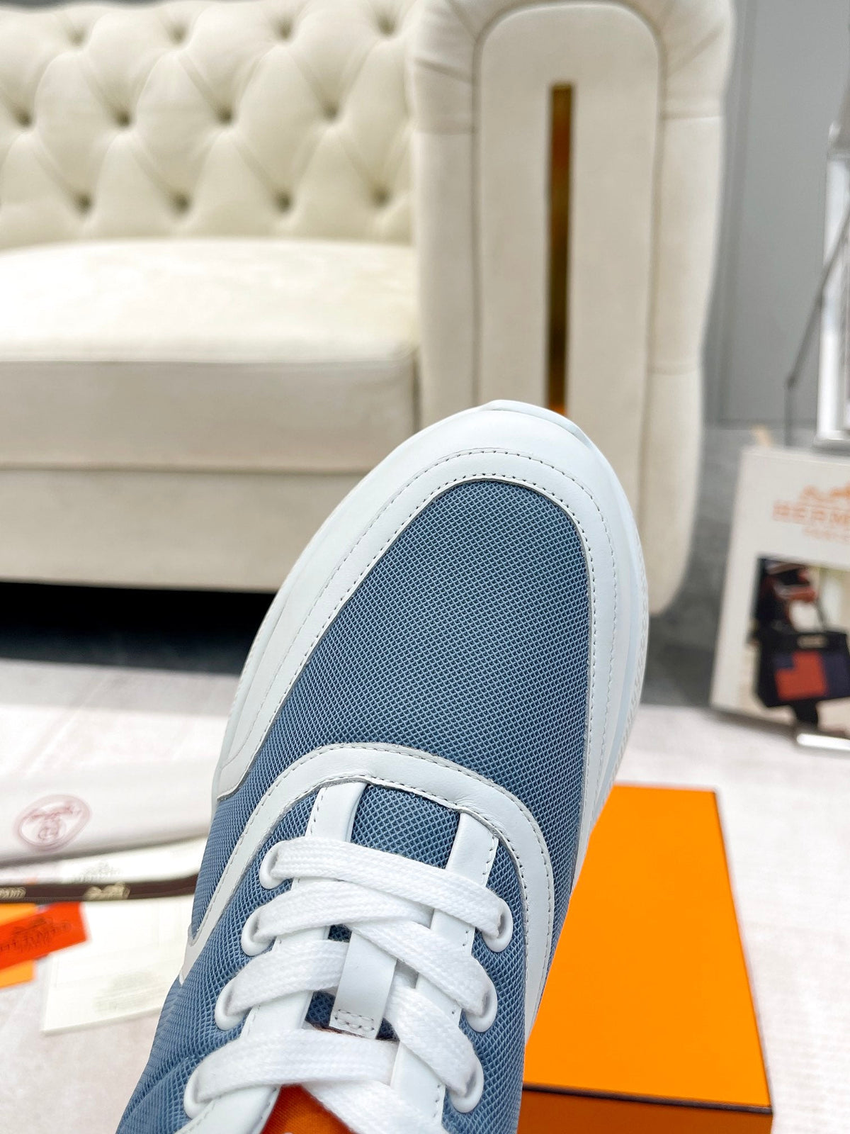 Hermes Giga Sneaker in Aegean Blue Stitched Mesh and White Calfskin