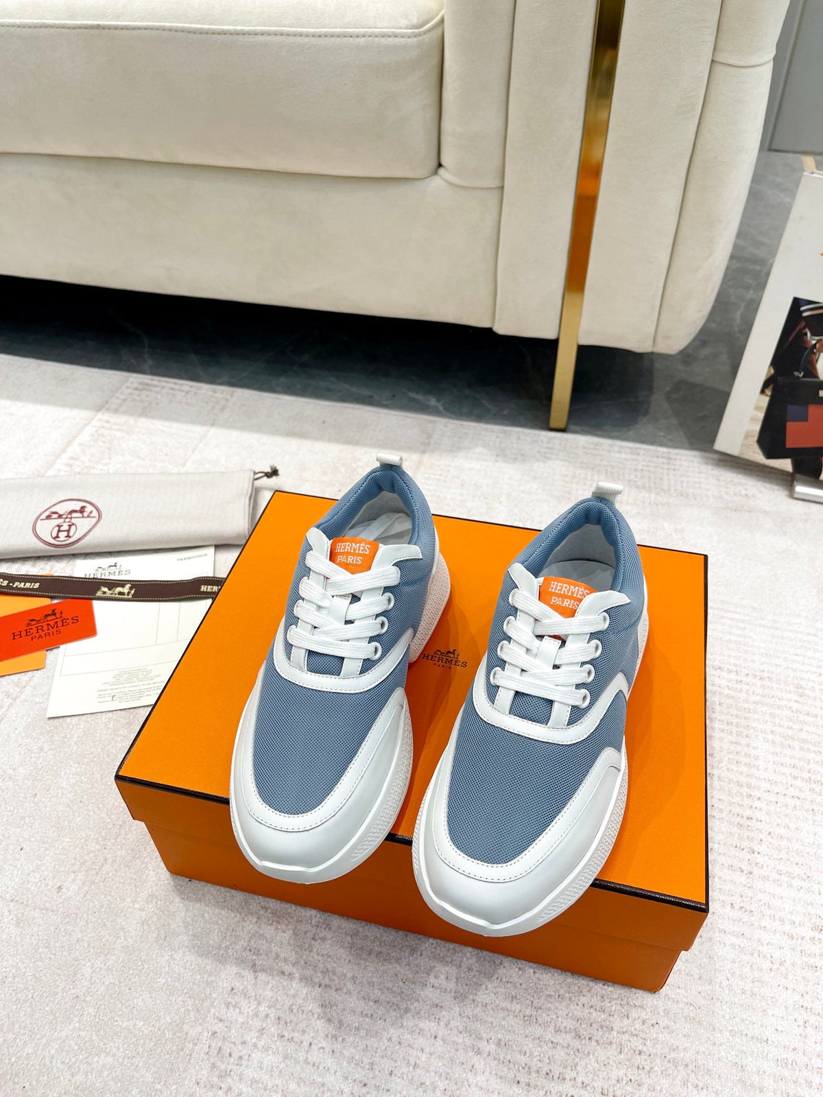 Hermes Giga Sneaker in Aegean Blue Stitched Mesh and White Calfskin
