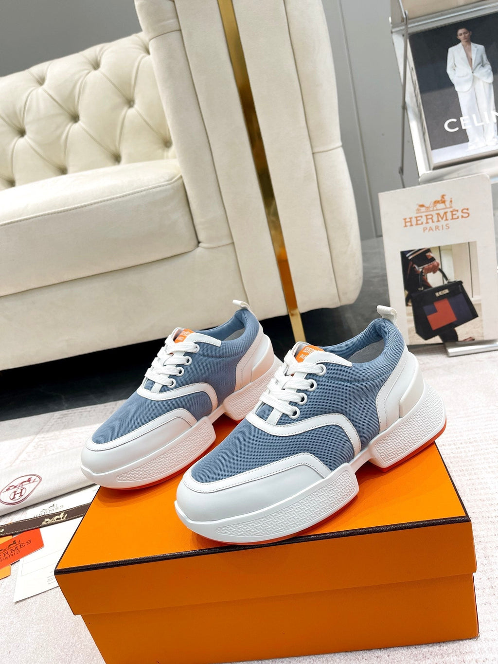 Hermes Giga Sneaker in Aegean Blue Stitched Mesh and White Calfskin