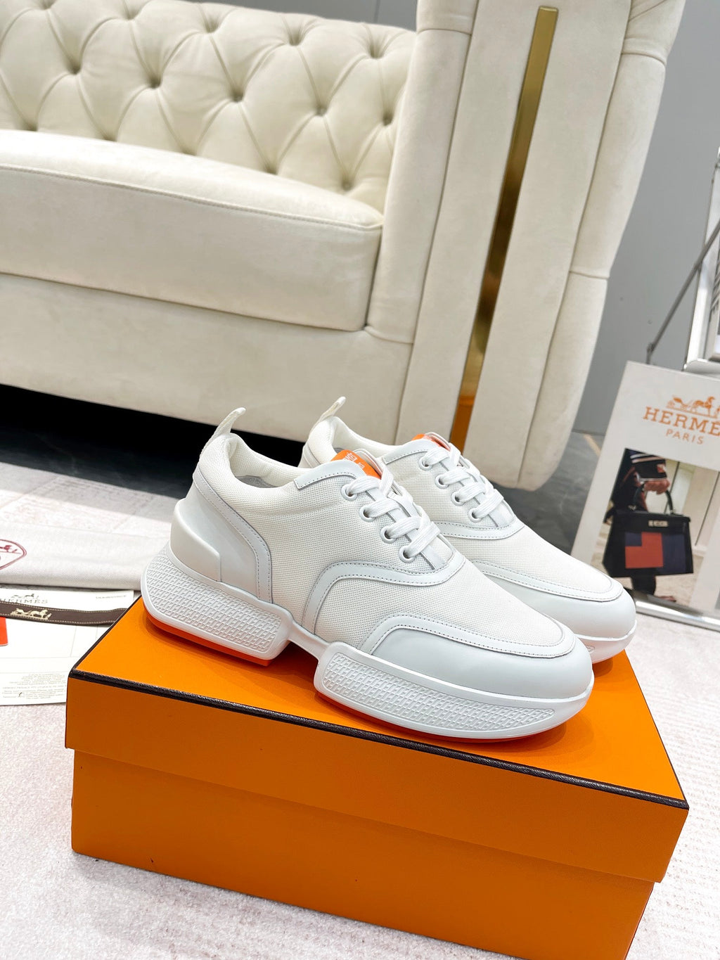 Hermes Giga Sneaker in White Cream Stitched Mesh and Calfskin