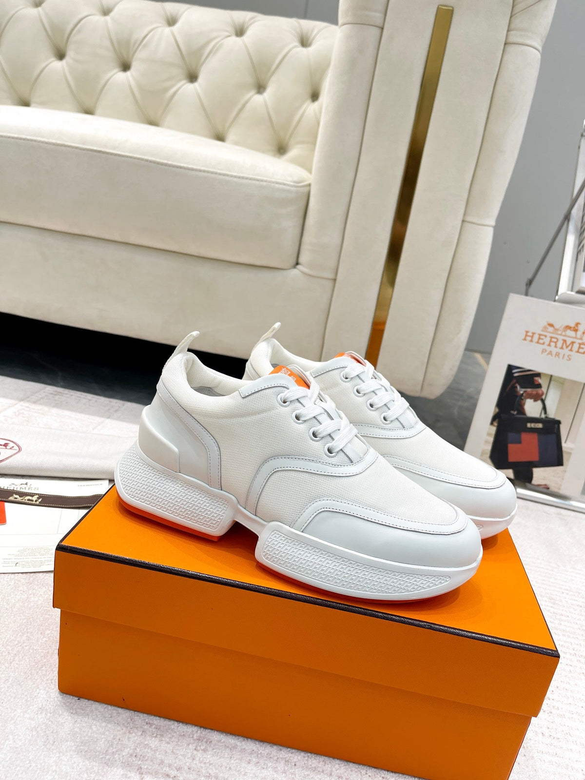 Hermes Giga Sneaker in White Cream Stitched Mesh and Calfskin