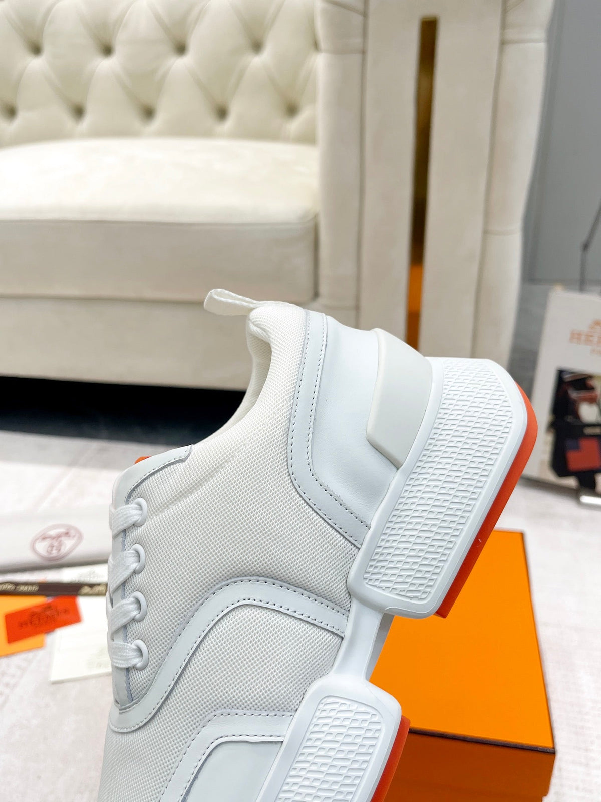 Hermes Giga Sneaker in White Cream Stitched Mesh and Calfskin