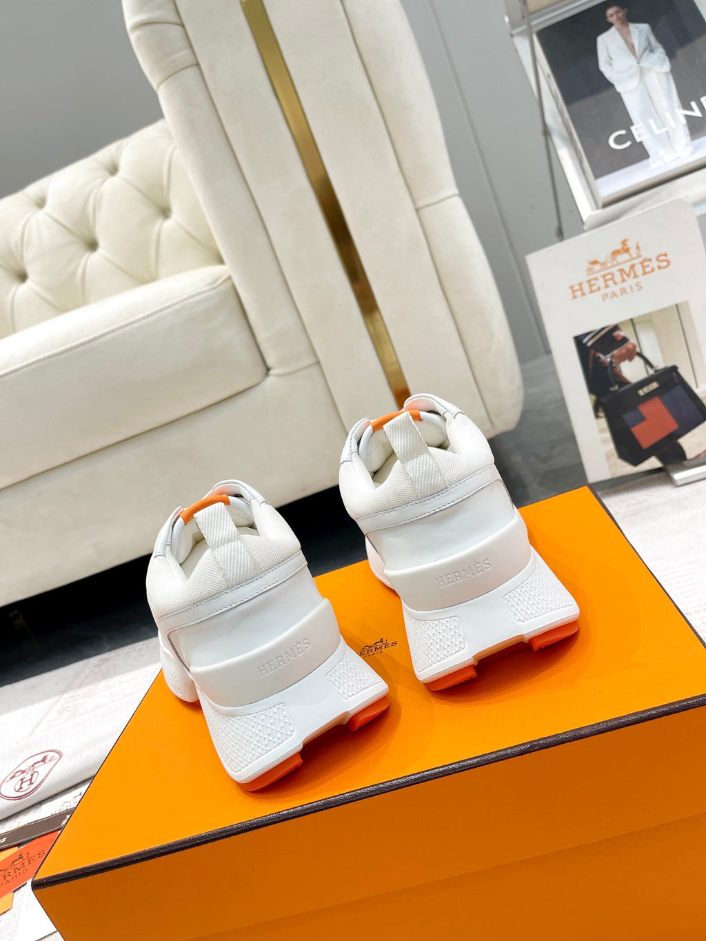 Hermes Giga Sneaker in White Cream Stitched Mesh and Calfskin