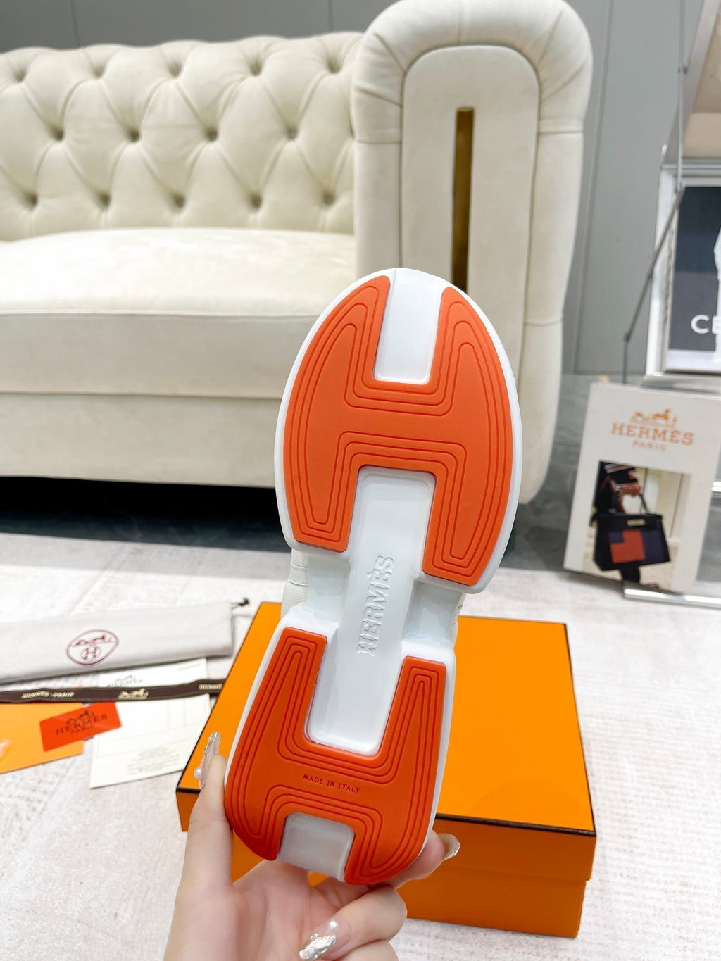 Hermes Giga Sneaker in White Cream Stitched Mesh and Calfskin