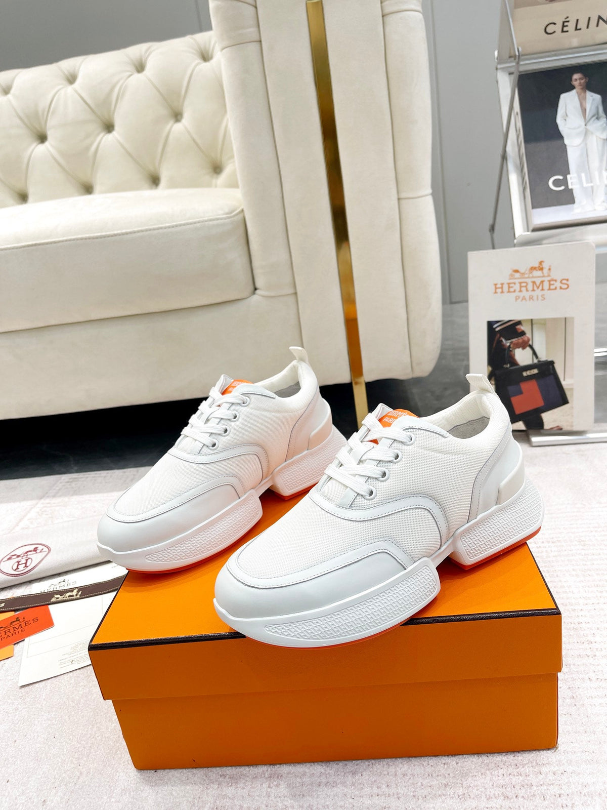 Hermes Giga Sneaker in White Cream Stitched Mesh and Calfskin