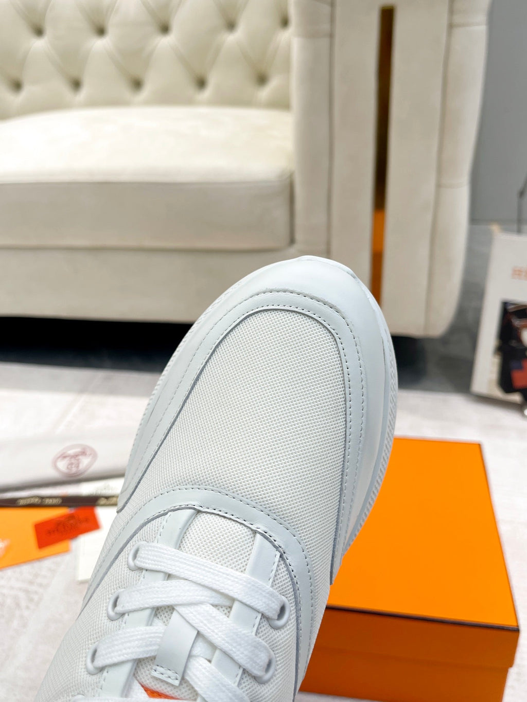Hermes Giga Sneaker in White Cream Stitched Mesh and Calfskin