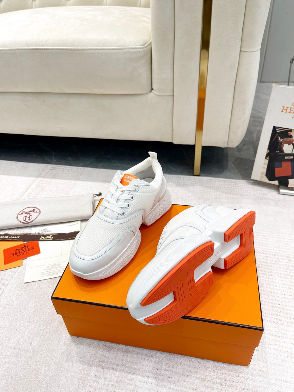 Hermes Giga Sneaker in White Cream Stitched Mesh and Calfskin