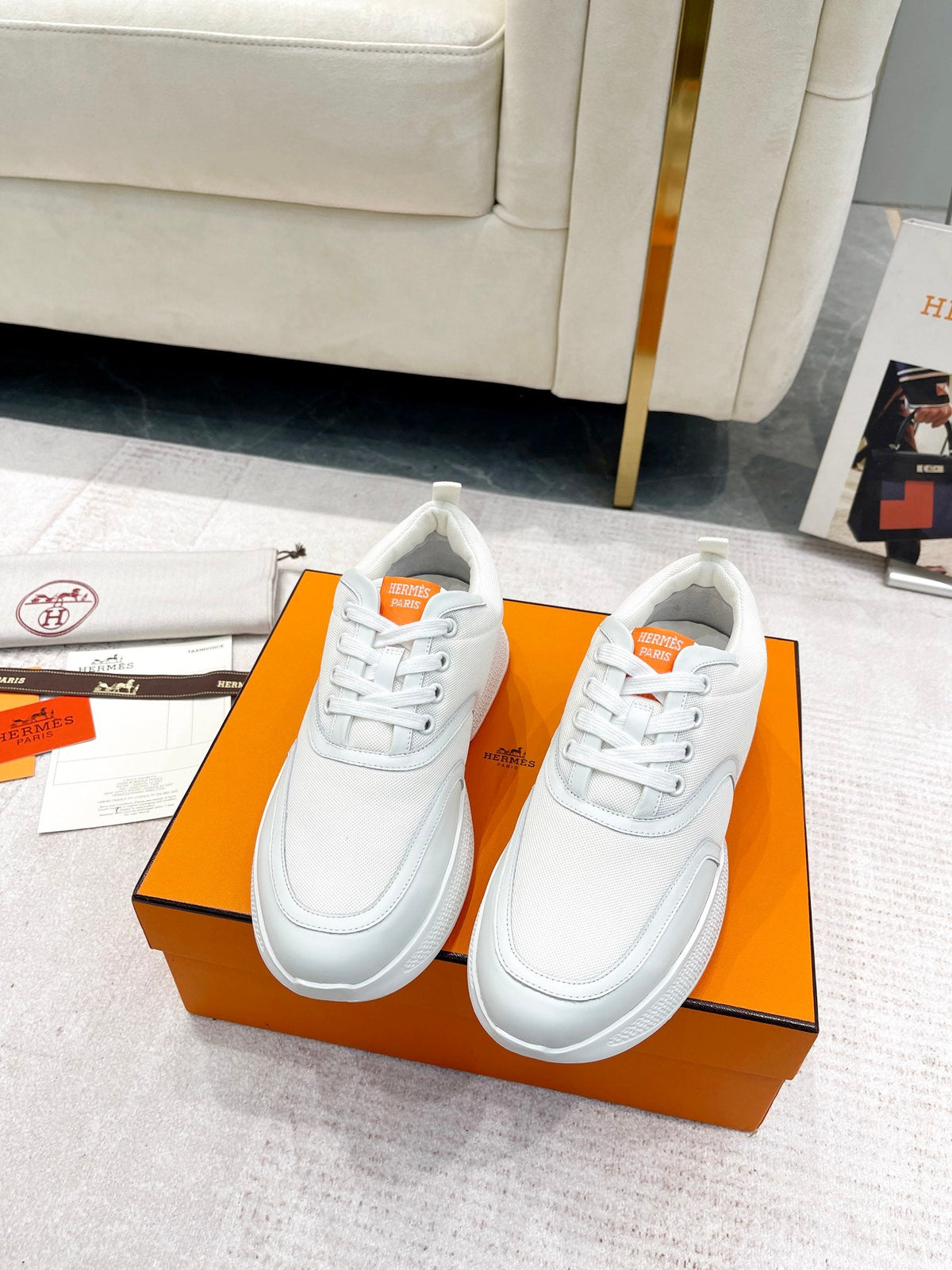 Hermes Giga Sneaker in White Cream Stitched Mesh and Calfskin