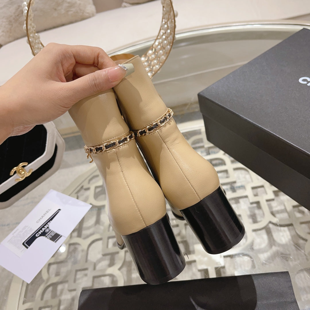 Chanel Mid-Heel Ankle Boots in Tortilla Brown Smooth Calfskin