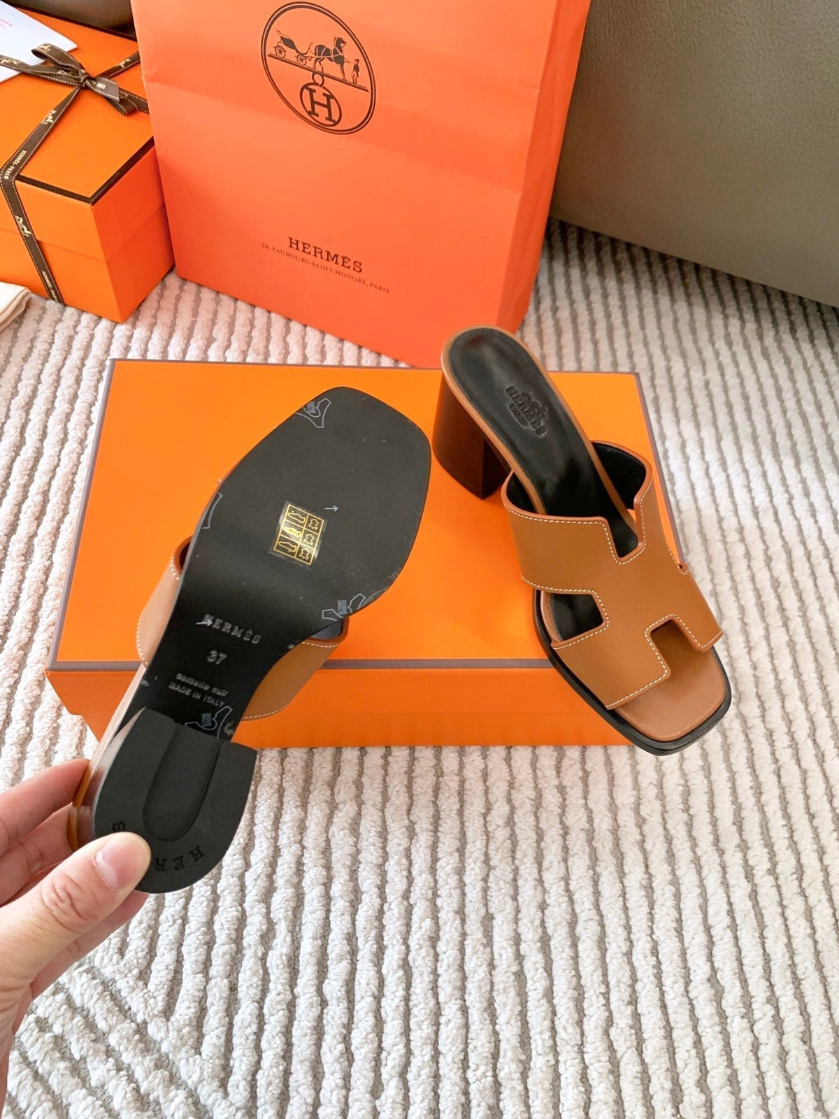 Hermes Helia 60 Sandal in Bronze Brown Calfskin