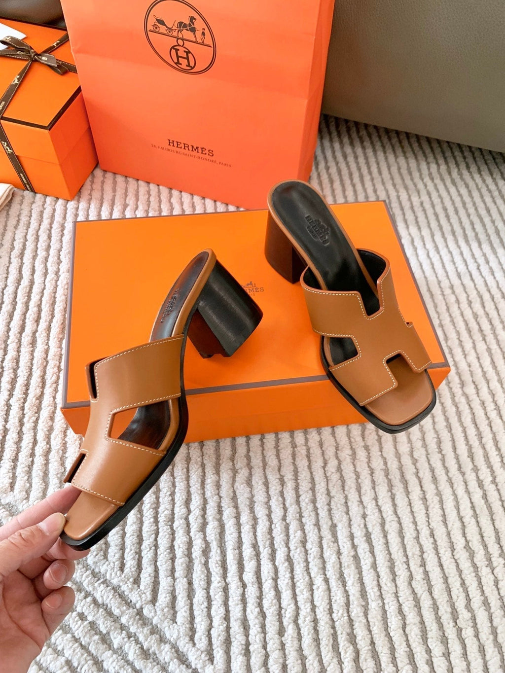 Hermes Helia 60 Sandal in Bronze Brown Calfskin