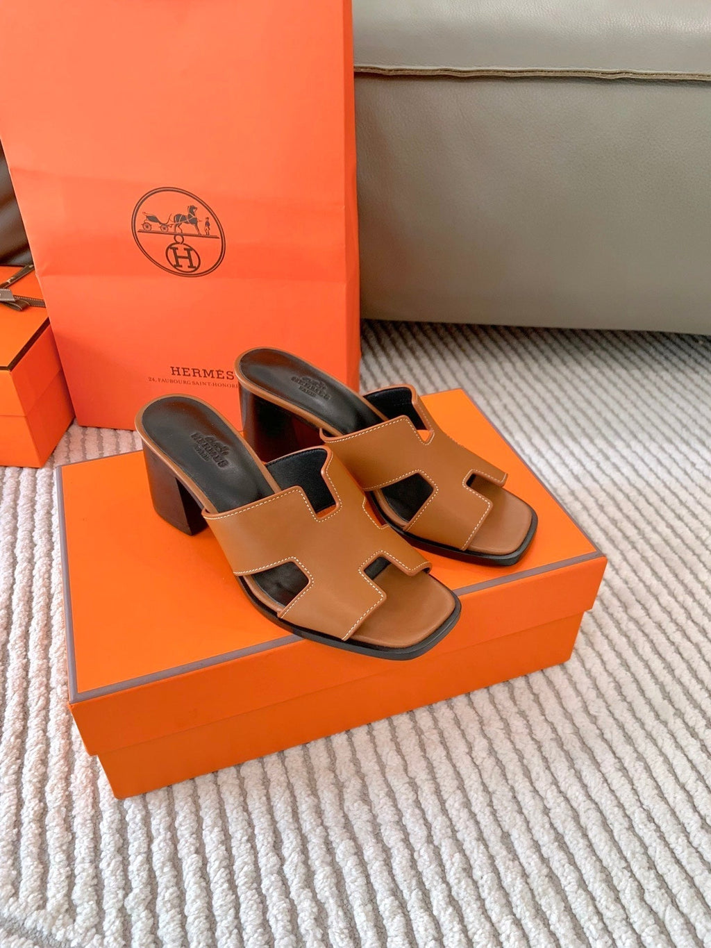 Hermes Helia 60 Sandal in Bronze Brown Calfskin