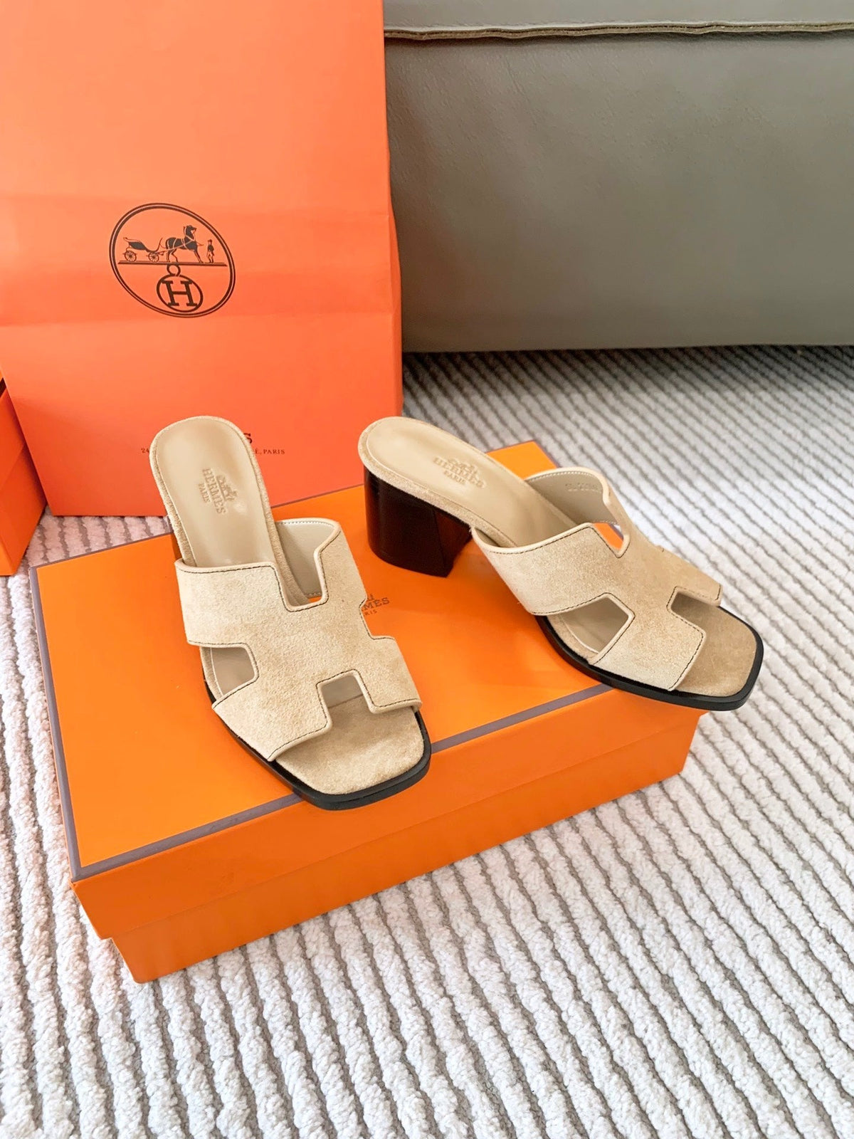 Hermes Helia 60 Sandal in Tuscan Beige Suede