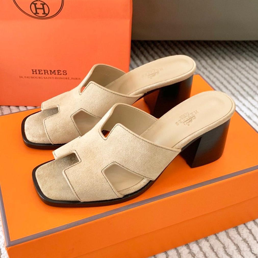 Hermes Helia 60 Sandal in Tuscan Beige Suede