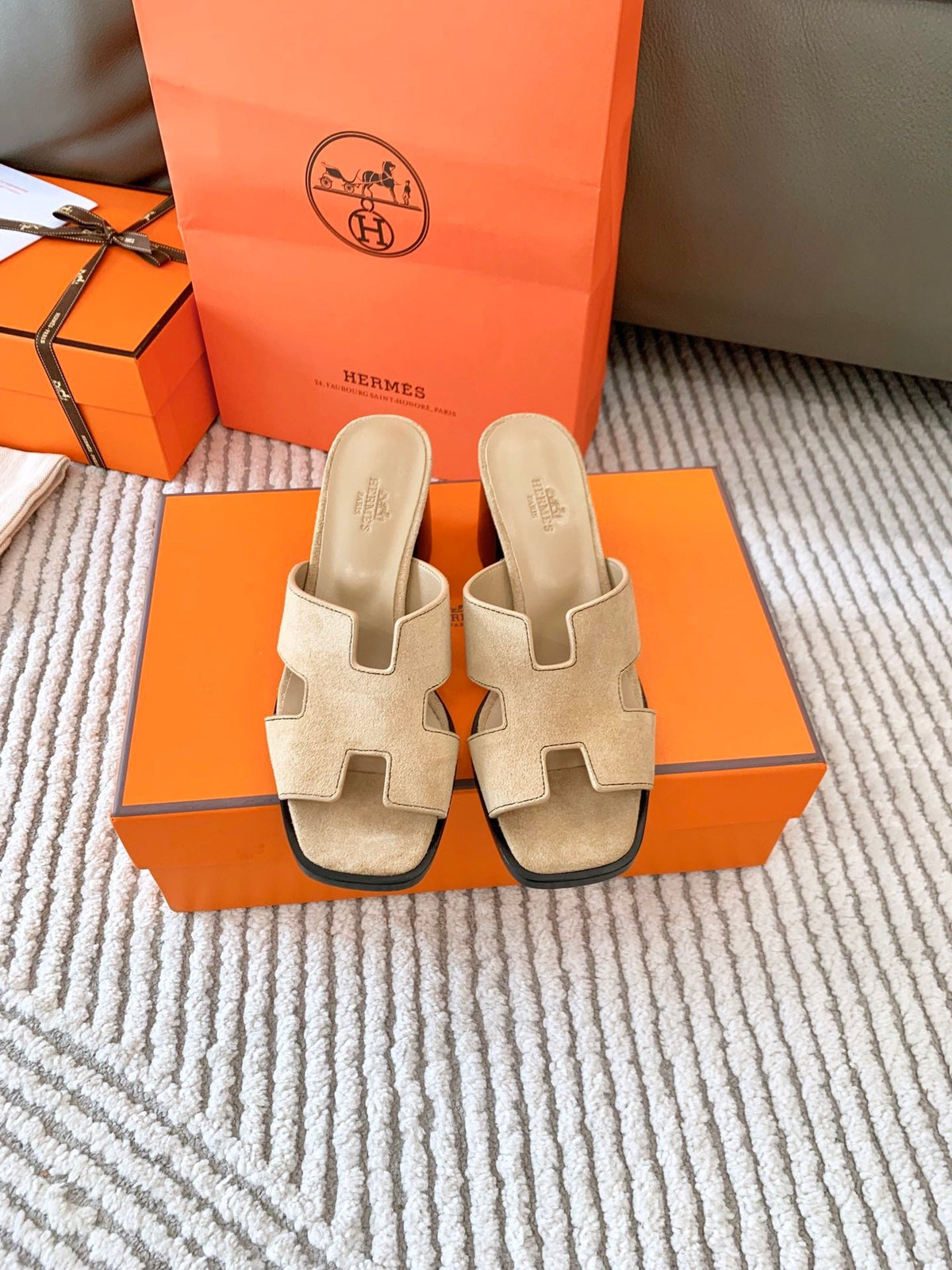 Hermes Helia 60 Sandal in Tuscan Beige Suede