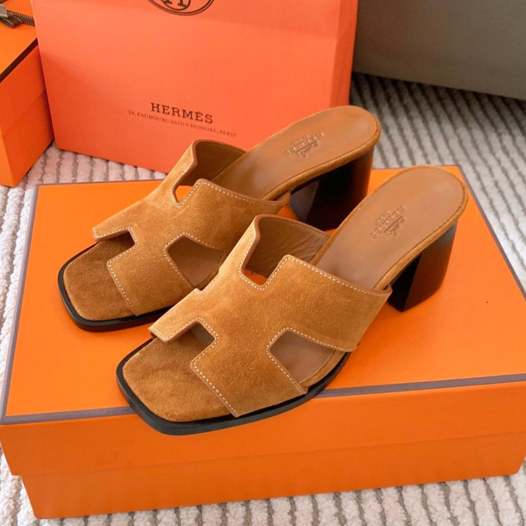 Hermes Helia 60 Sandal in Bronze Brown Suede