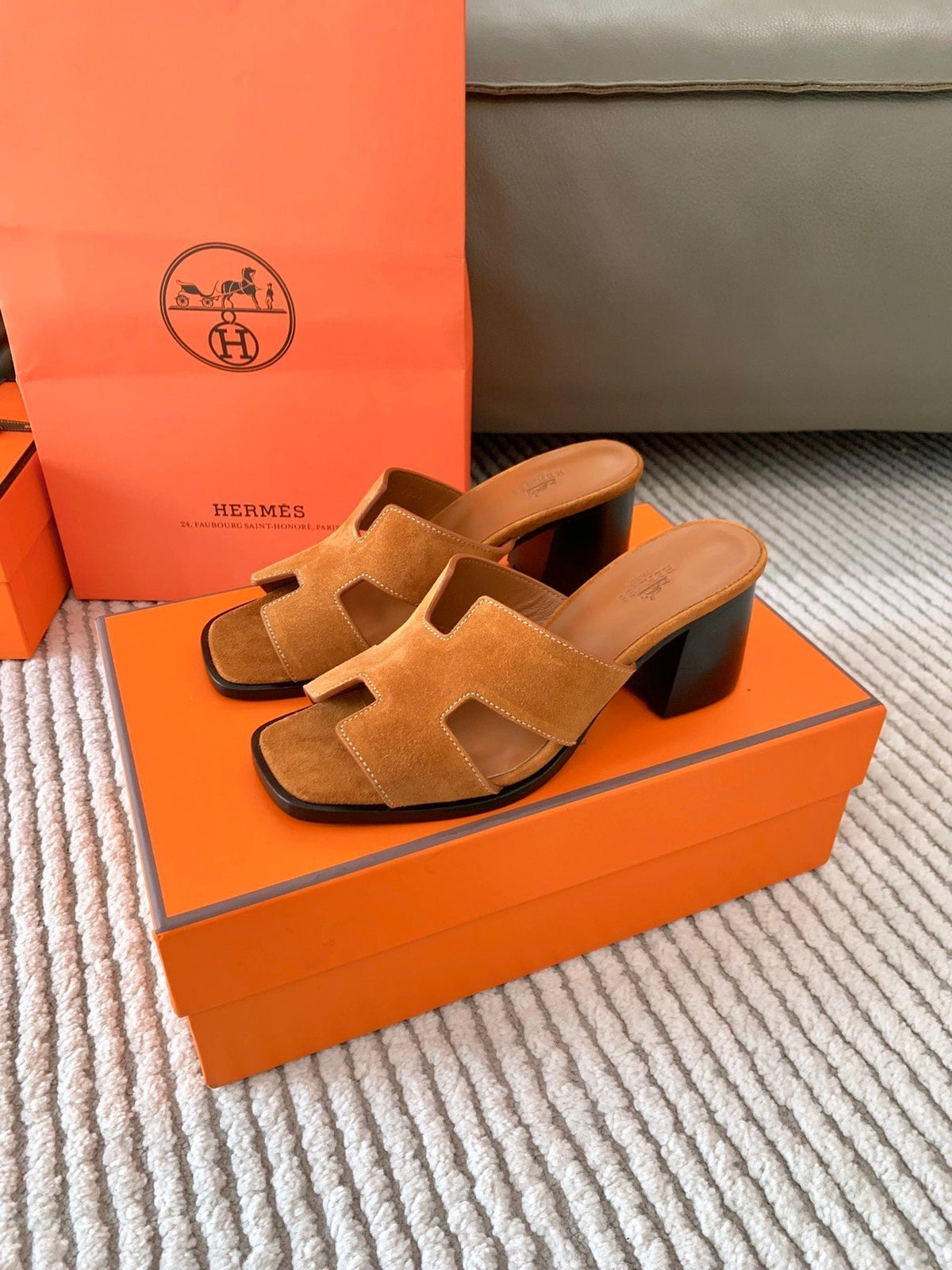 Hermes Helia 60 Sandal in Bronze Brown Suede