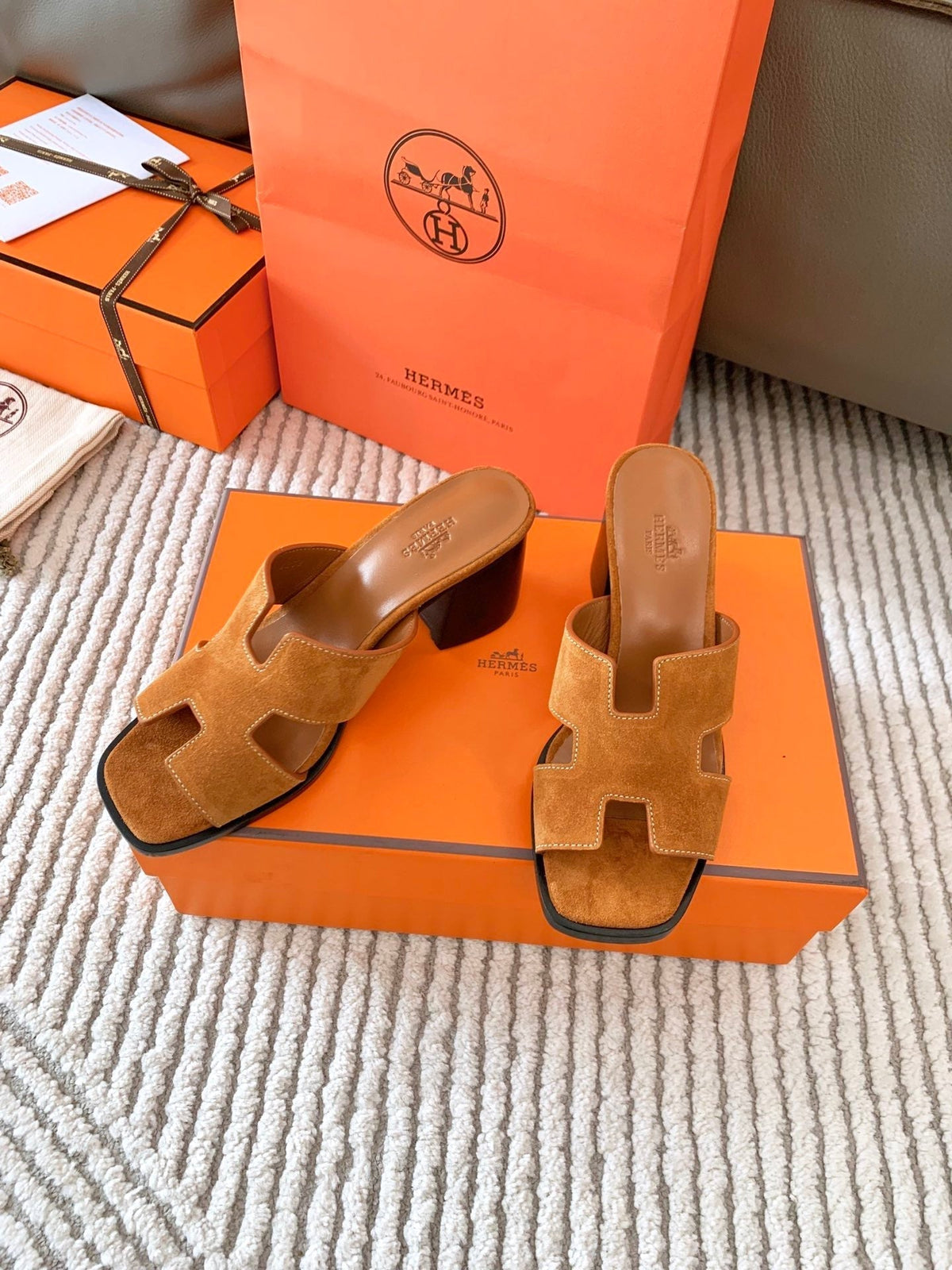 Hermes Helia 60 Sandal in Bronze Brown Suede