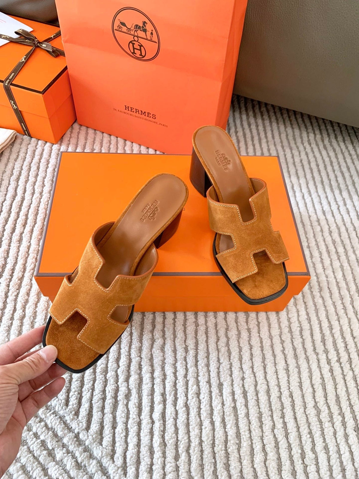 Hermes Helia 60 Sandal in Bronze Brown Suede