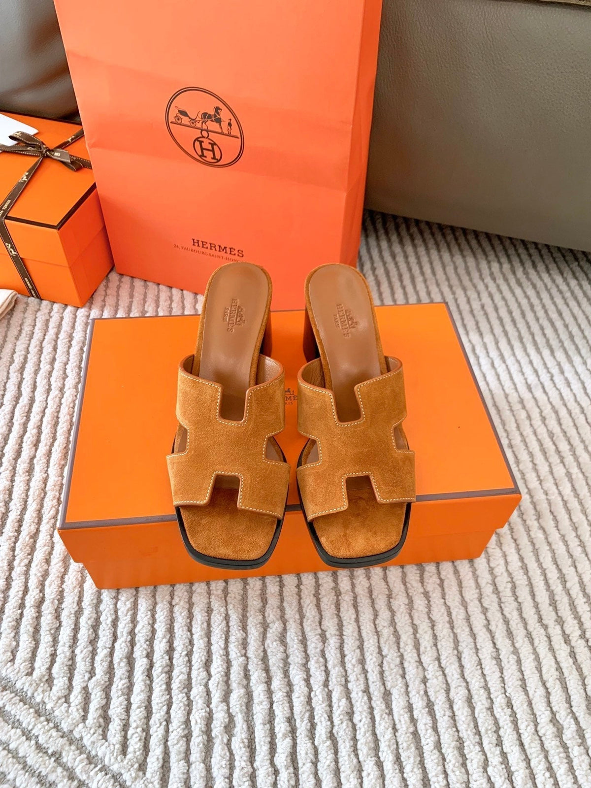 Hermes Helia 60 Sandal in Bronze Brown Suede