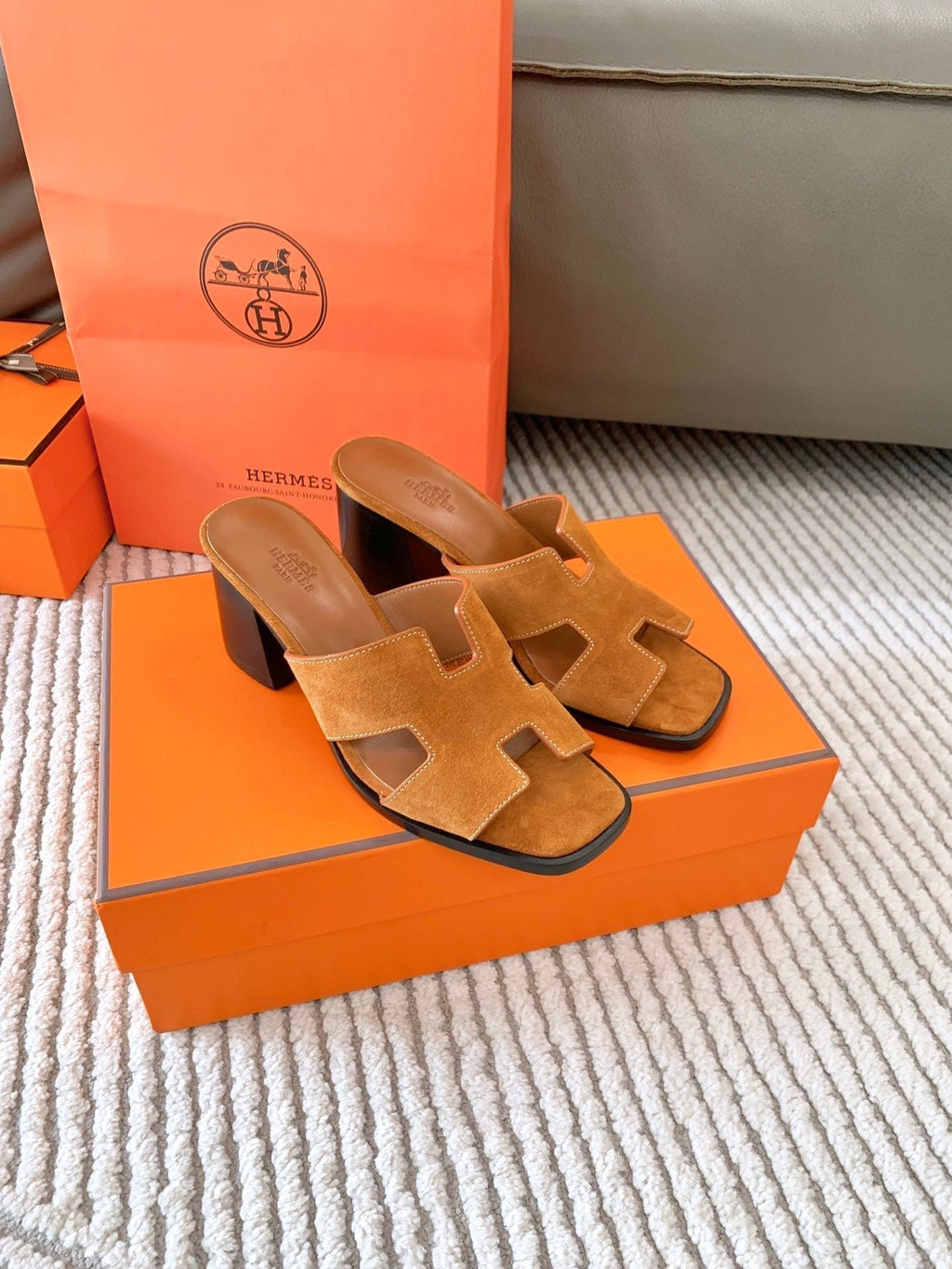 Hermes Helia 60 Sandal in Bronze Brown Suede