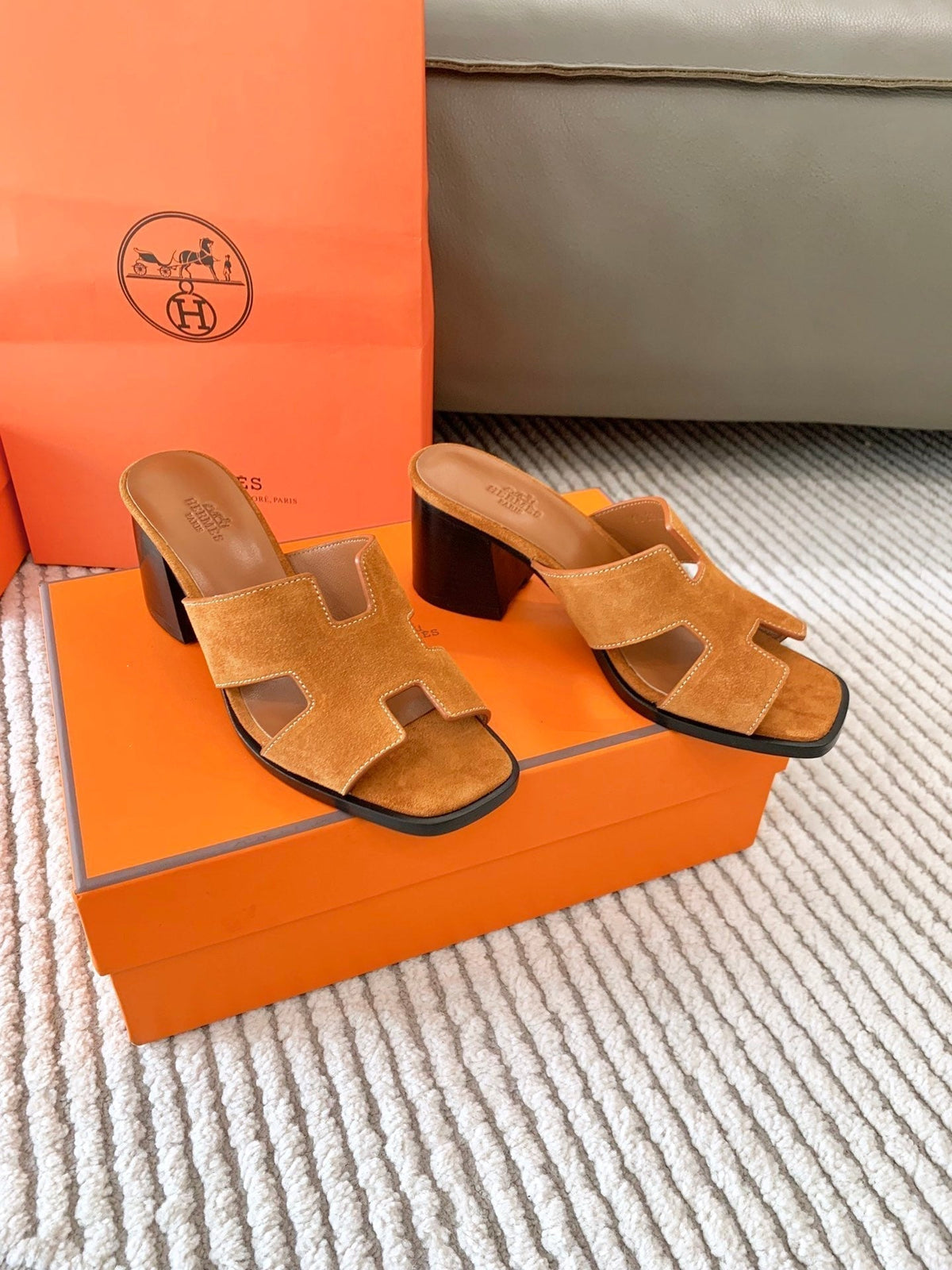 Hermes Helia 60 Sandal in Bronze Brown Suede
