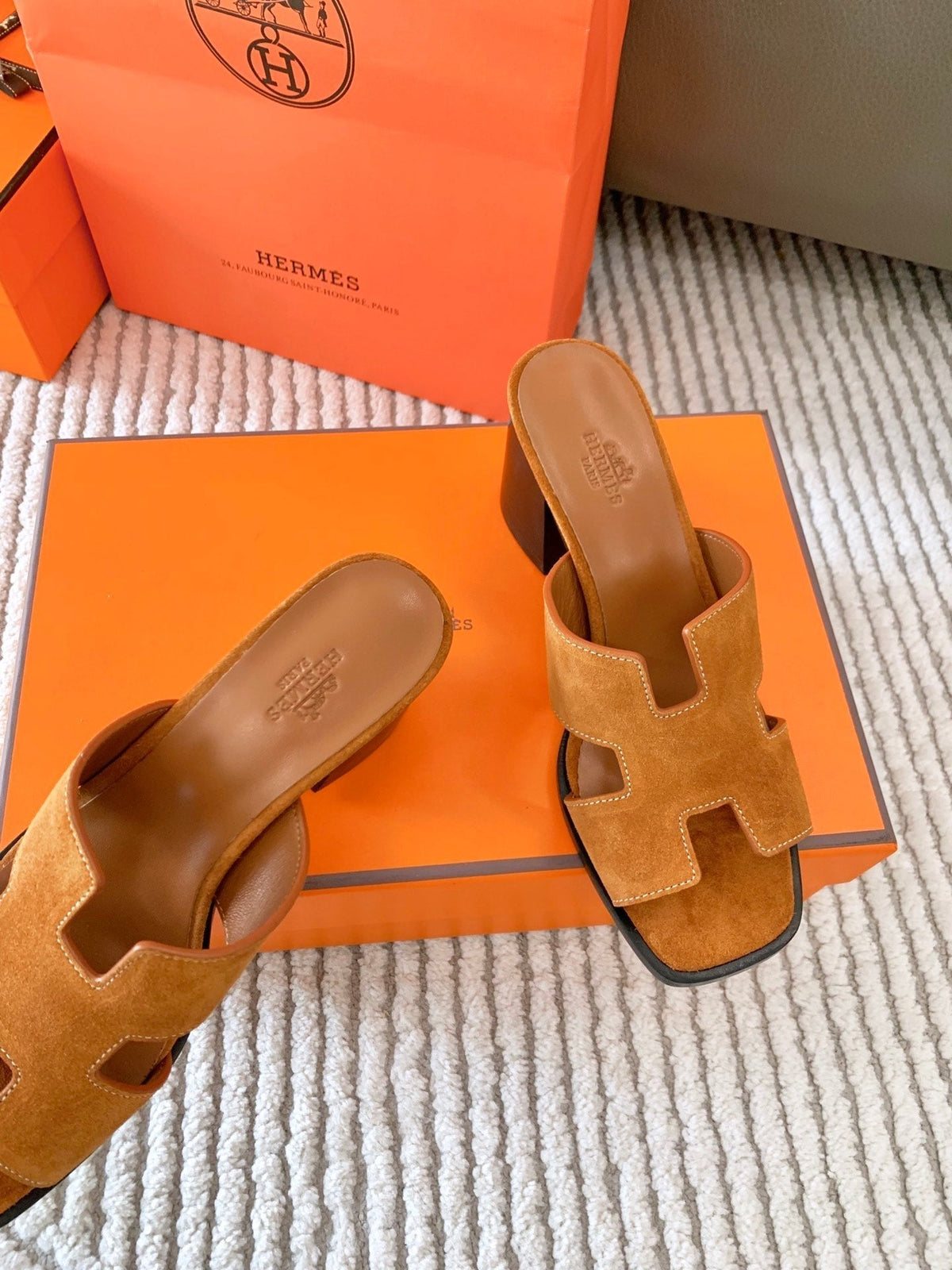 Hermes Helia 60 Sandal in Bronze Brown Suede
