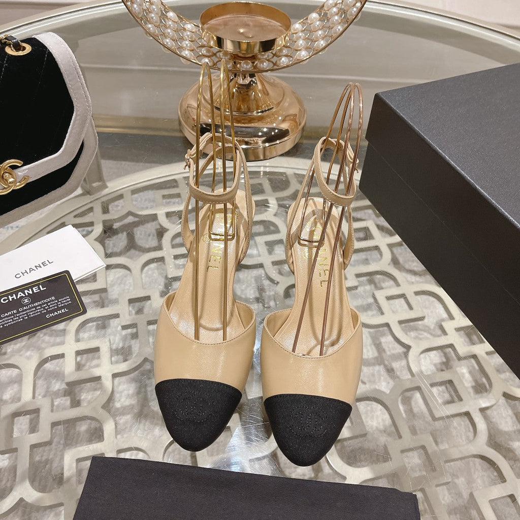 Chanel High Slingbacks Beige Black Lambskin Grosgrain