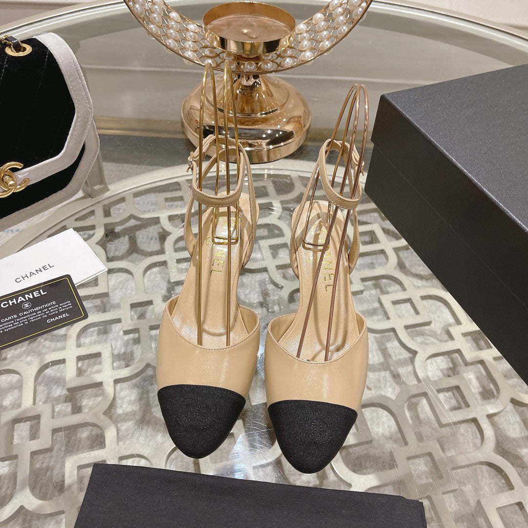 Chanel High Slingbacks Beige Black Lambskin Grosgrain