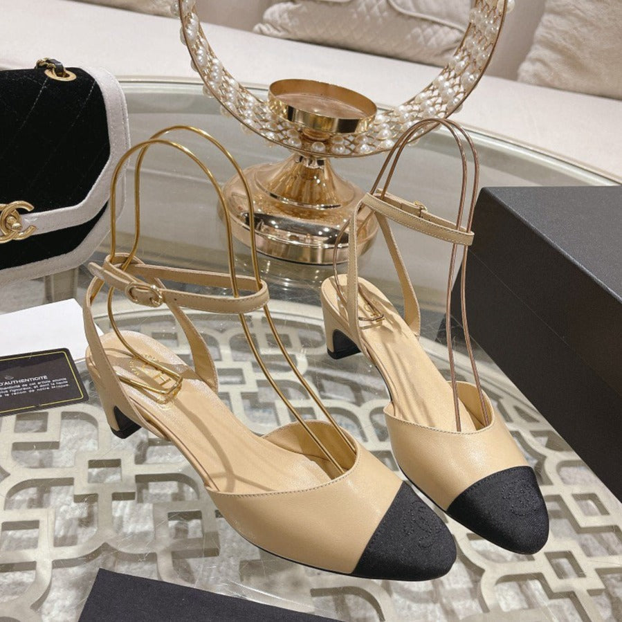 Chanel High Slingbacks Beige Black Lambskin Grosgrain