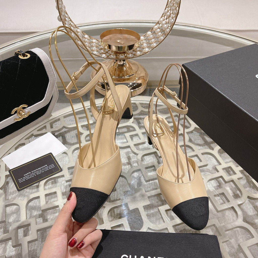 Chanel High Slingbacks Beige Black Lambskin Grosgrain