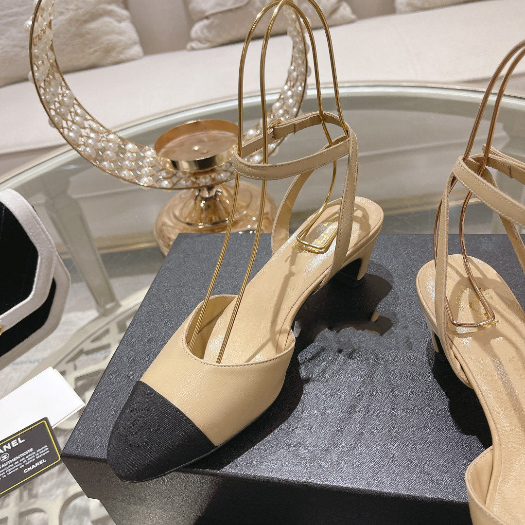 Chanel High Slingbacks Beige Black Lambskin Grosgrain