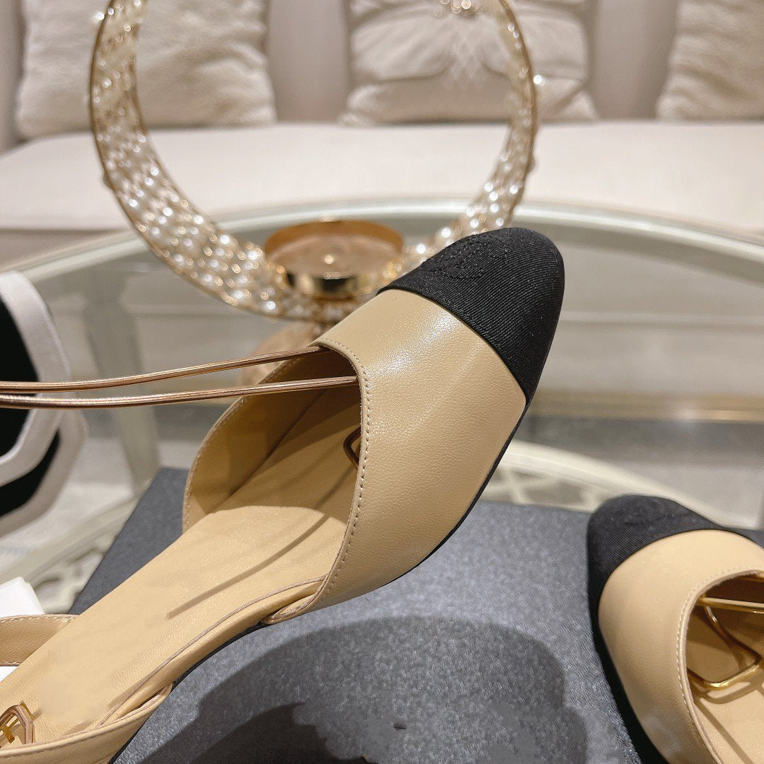 Chanel High Slingbacks Beige Black Lambskin Grosgrain