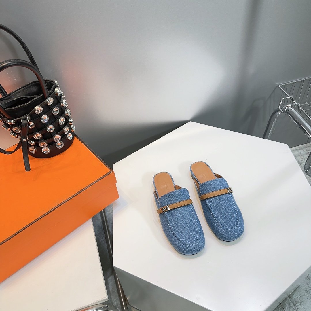 Hermes Lena Mule Blue Denim