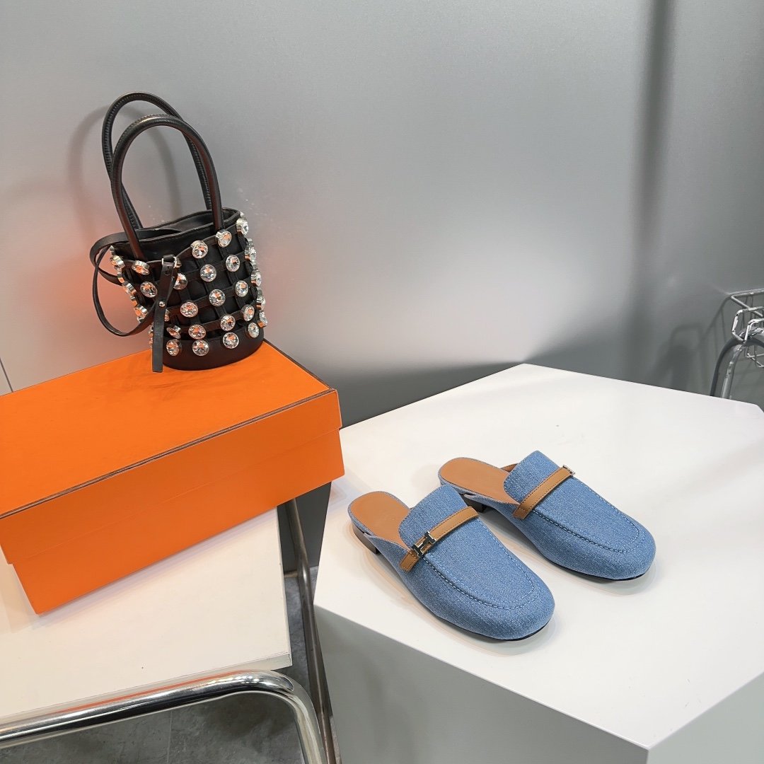 Hermes Lena Mule Blue Denim
