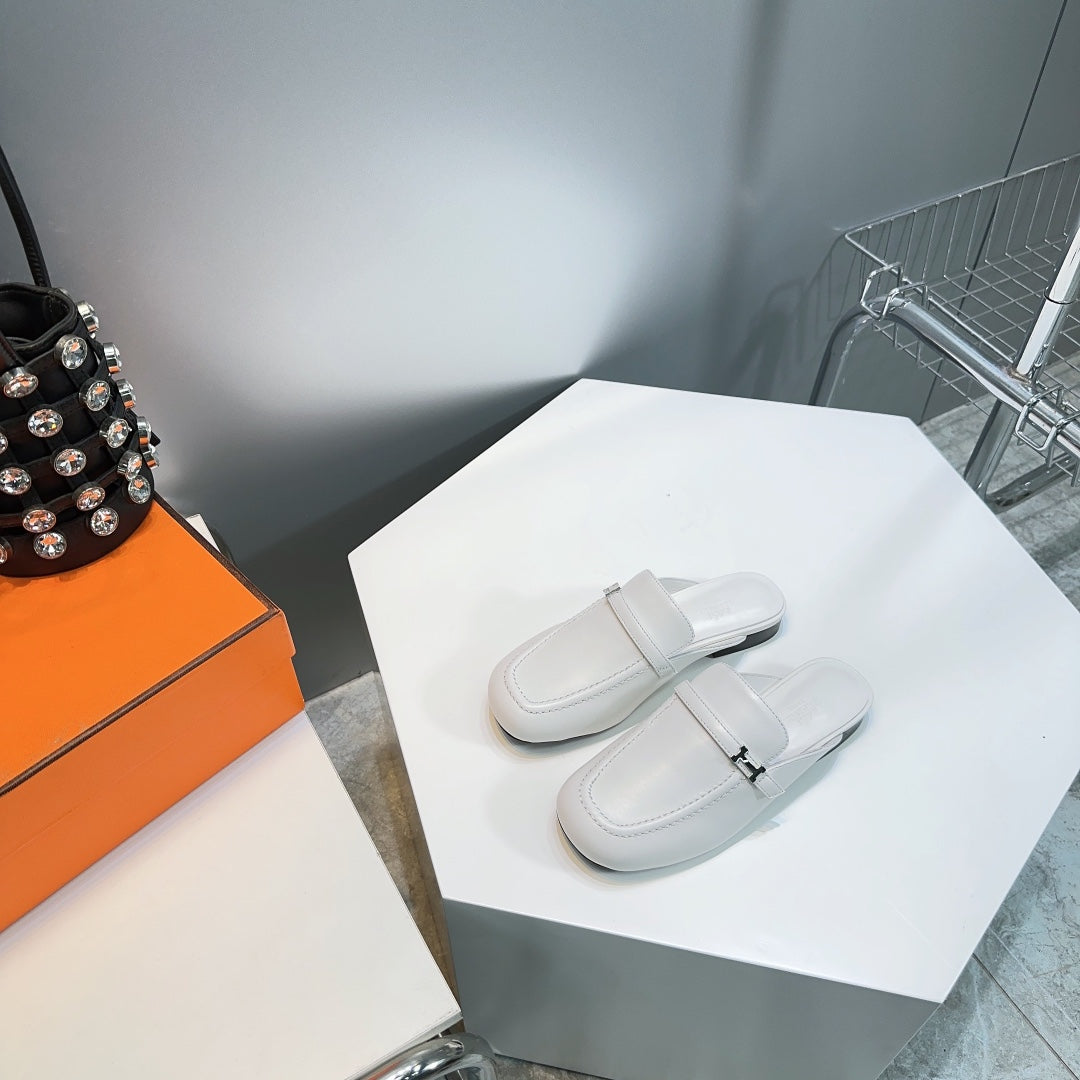 Hermes Lena Mule White Leather