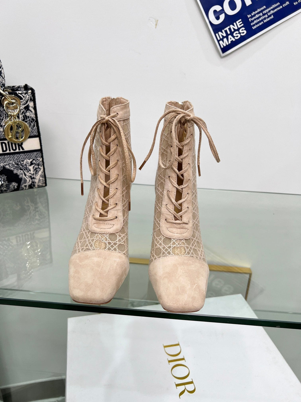 Dior Naughtily-D Heeled Ankle Boot in Bisque Beige Cannage Motif Mesh and Suede 8 cm