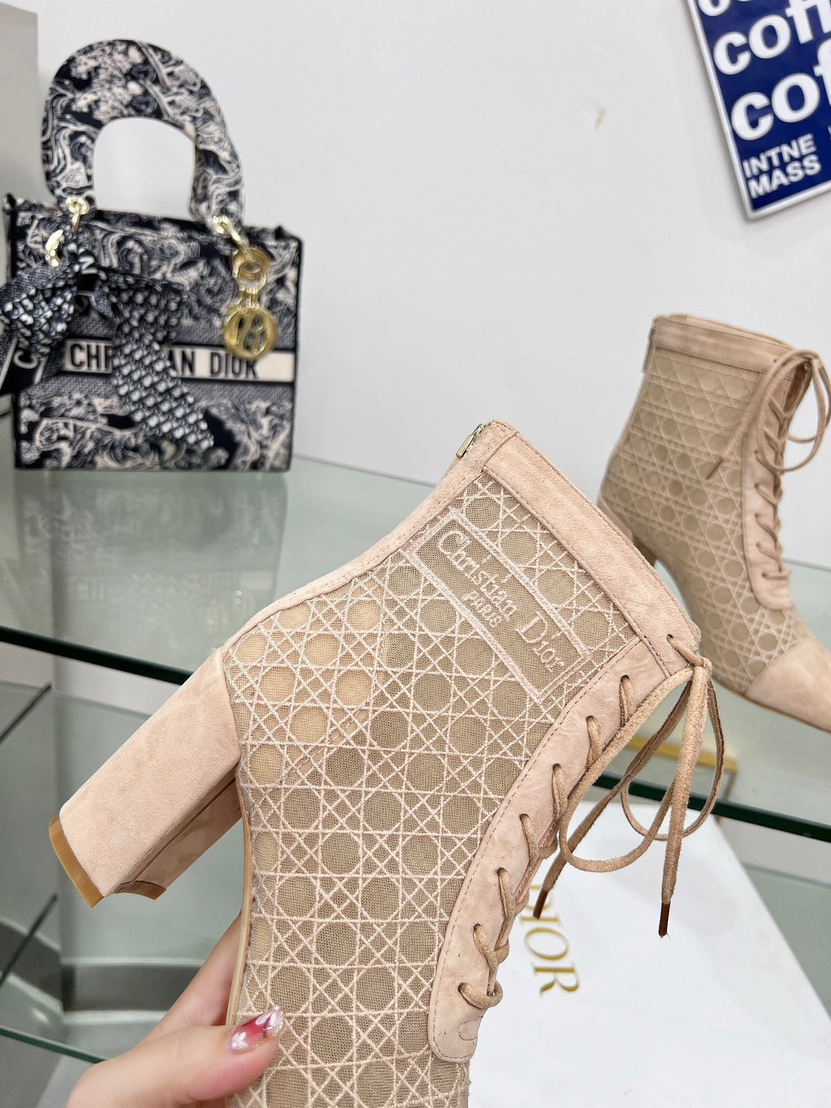 Dior Naughtily-D Heeled Ankle Boot in Bisque Beige Cannage Motif Mesh and Suede 8 cm