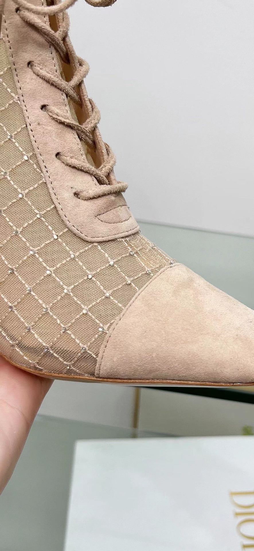 Dior Naughtily-D Heeled Ankle Boot in Bisque Beige Embroidered Mesh and Suede 8 cm
