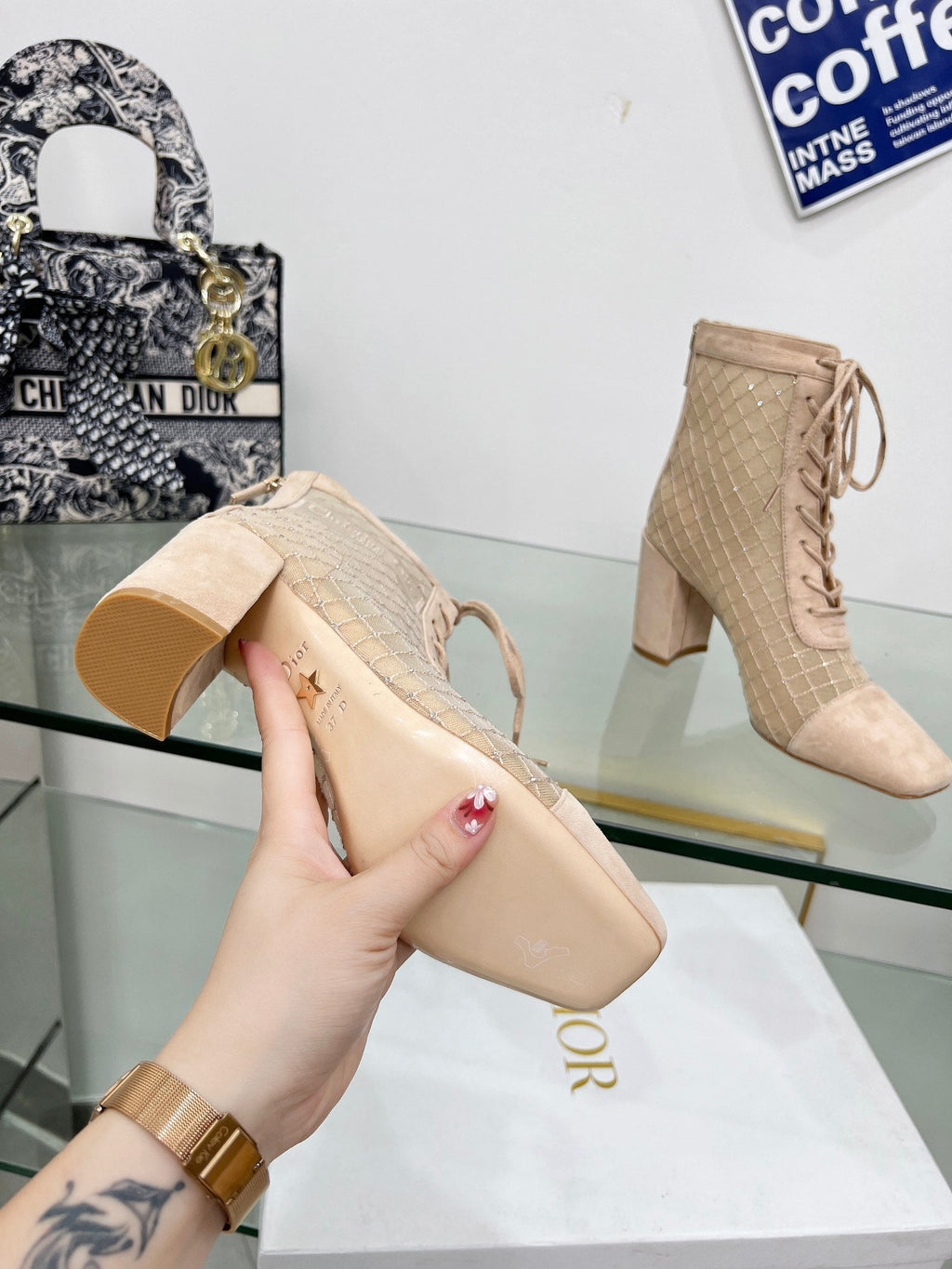 Dior Naughtily-D Heeled Ankle Boot in Bisque Beige Embroidered Mesh and Suede 8 cm