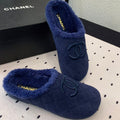 Chanel Flat Mule in Navy Blue Suede and Lamb Fur Lining
