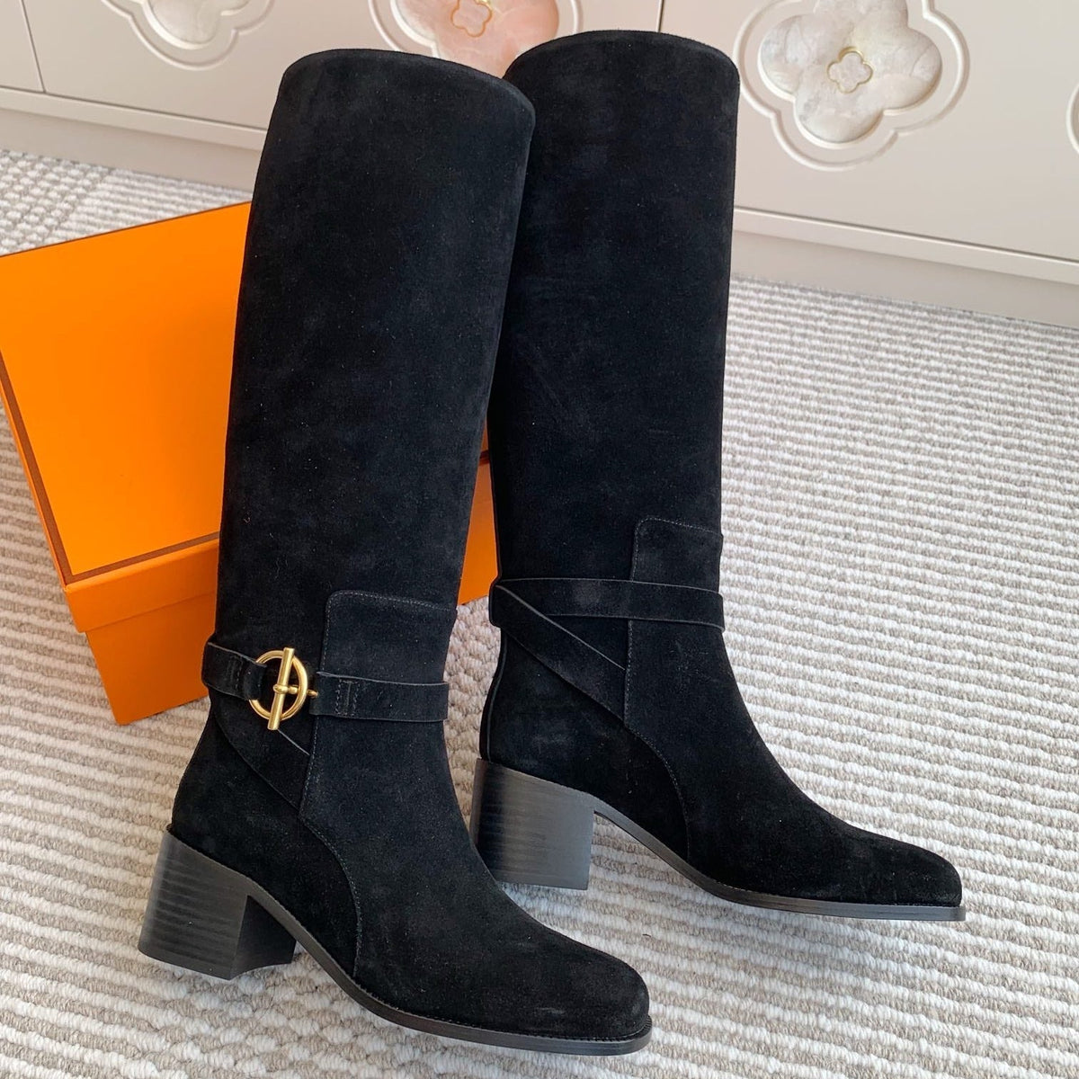 Hermes 25S Tall Boots 50 mm in Black Suede with Gold Hardware
