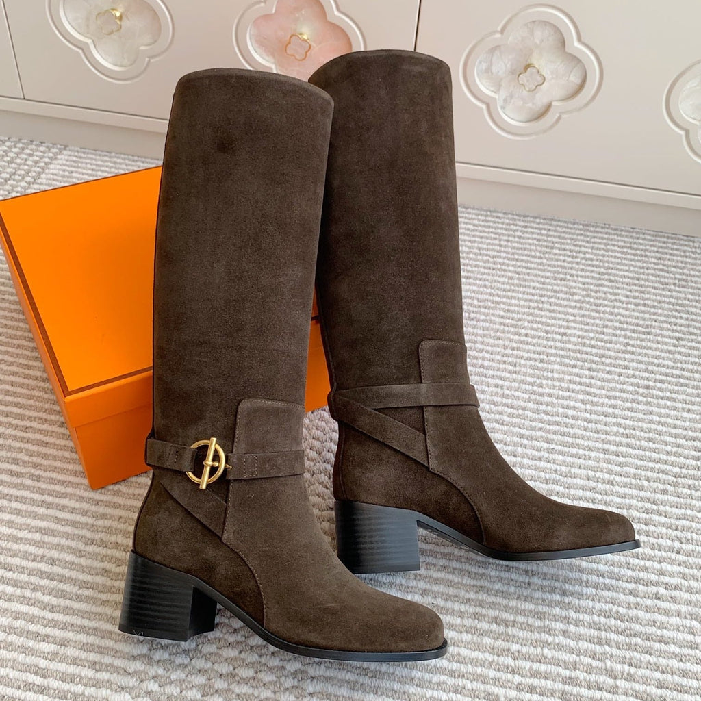 Hermes 25S Tall Boots 50 mm in Dark Brown Suede with Gold Hardware