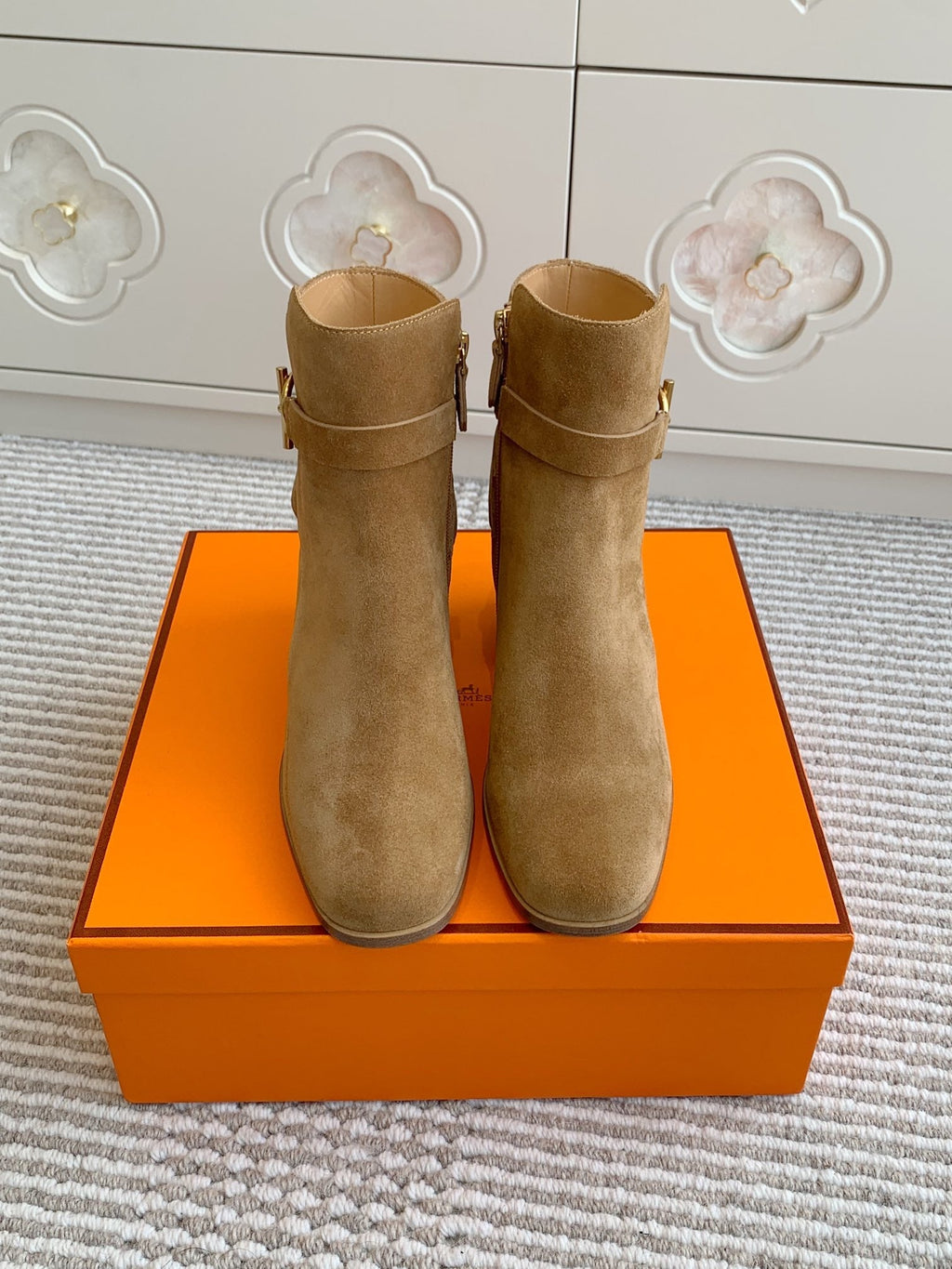 Hermes 25S Ankle Boots 50 mm in Brown Suede with Gold Hardware