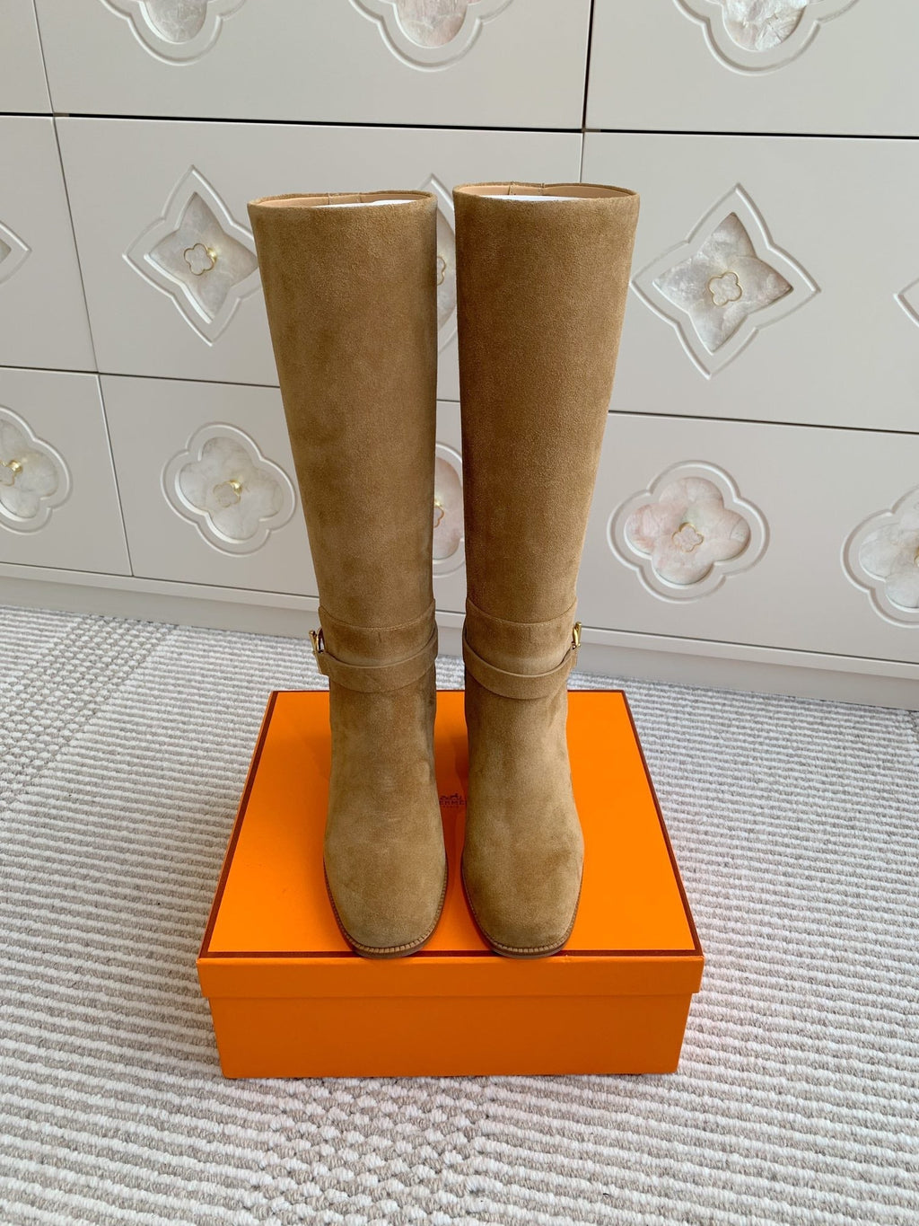 Hermes 25S Tall Boots 50 mm in Brown Suede with Gold Hardware
