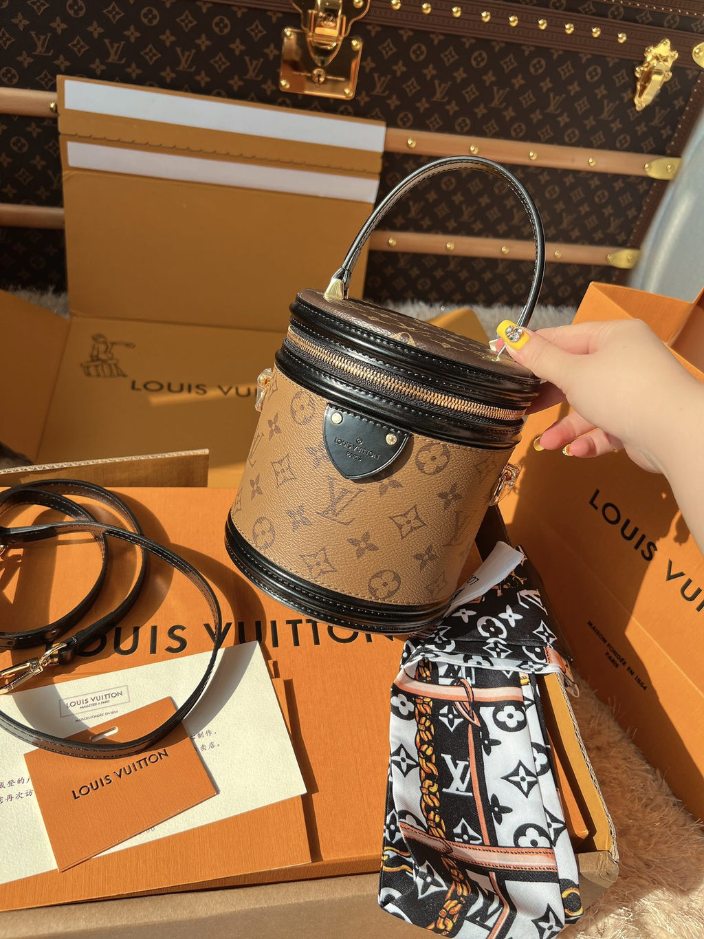 LV Cannes Monogram Reverse Canvas Round Top Handle Bag with Leather Trim and Shoulder Strap